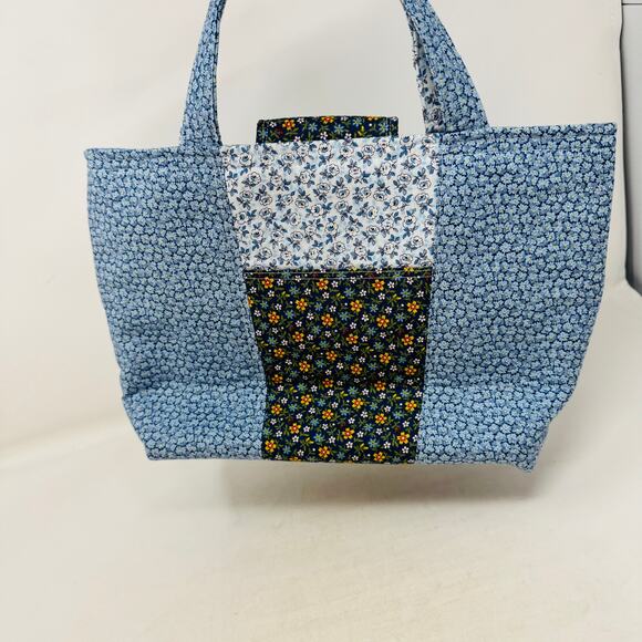 Handmade Floral Patchwork Tote Bag Blue Cottagecore Quilted Purse WVU Lining - Picture 2 of 11